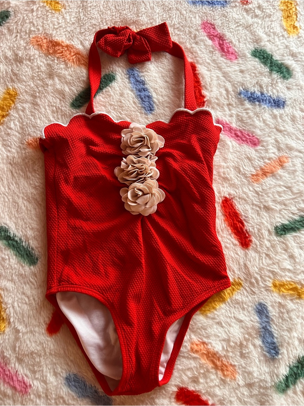 Janie and Jack Red One-Piece Swimsuit with Cream Flower Accents